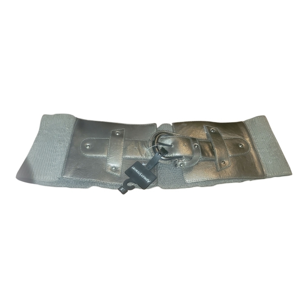 Ashley Stewart Metallic Silver gunmetal grey faux leather wide Belt 1x 14 16